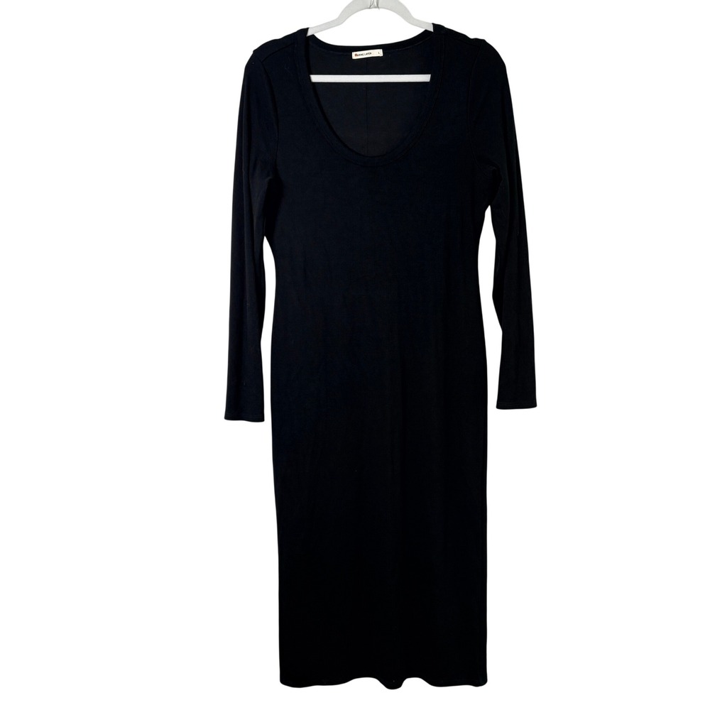Marine Layer Midi Dress Womens L Black Ribbed Long Sleeve Minimalist 16229